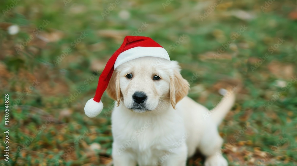 custom made wallpaper toronto digitalGolden Retriever Puppy Wearing Red Santa Hat Sitting in Autumn Park