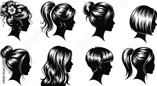 Set of female hairstyle silhouettes vector collection with ponytails buns bob cuts waves profiles beauty salon fashion icons