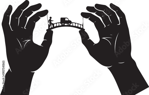 Hands holding a small bridge with a person walking