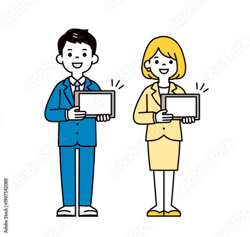 タブレットを持って提案する、ビジネスマン・ビジネスウーマンの全身ベクターイラスト素材セット