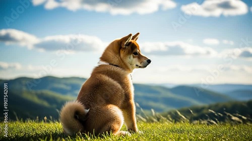 Wallpaper Mural Serene Shiba Inu Dog Sitting on Green Grass with Mountain View in Background. Torontodigital.ca