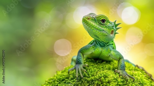 Green Iguana Sitting on Mossy Surface in Bright Natural Light