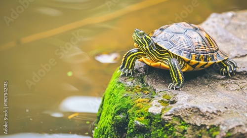 Green Turtle Sitting on Mossy Rock Near Water in Natural Environment