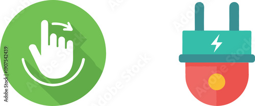 Flat vector icons featuring a hand gesture swipe and a stylized electrical power plug