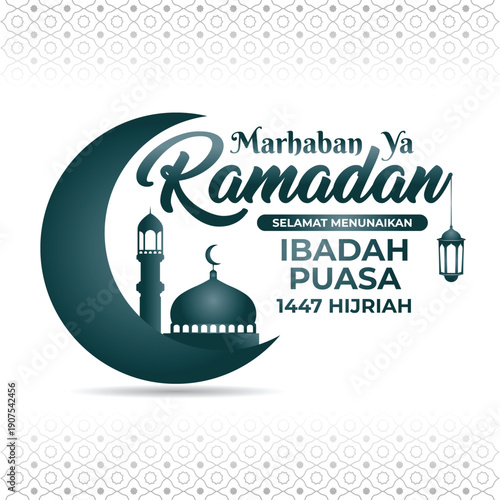 Marhaban Ya Ramadan Islamic Mosque Typography Vector Illustration