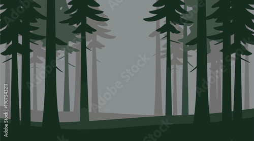 Flat vector illustration of a dark forest with tall pine trees and foggy atmosphere. Perfect for mystery, nature, and moody background concepts