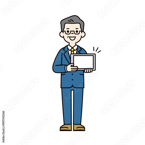タブレットの画面を見せて説明する、社長・経営者・ビジネスマンの全身ベクターイラスト素材