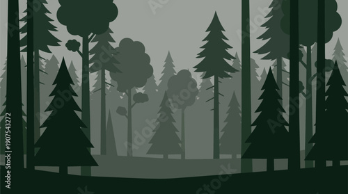 Flat vector illustration of a dark forest with tall pine trees and foggy atmosphere. Perfect for mystery, nature, and moody background concepts