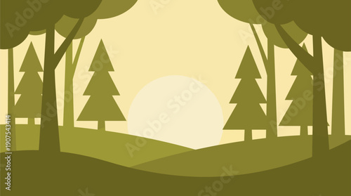 Minimal flat vector illustration of a forest landscape with trees and sunrise in the background. Suitable for nature backgrounds and outdoor-themed designs.