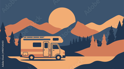 Flat vector illustration of a camper van parked in a forest with mountains at sunset. Suitable for camping, travel, and outdoor lifestyle themes