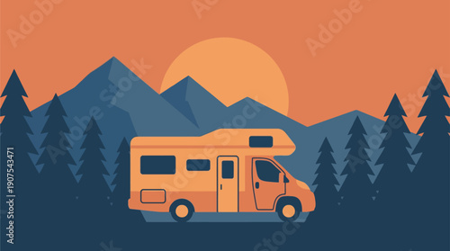 Flat vector illustration of a camper van parked in a forest with mountains at sunset. Suitable for camping, travel, and outdoor lifestyle themes