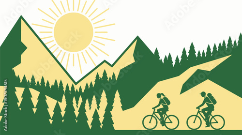Flat vector illustration of cyclists riding bicycles through a mountain forest landscape under the sun. Perfect for outdoor sport, eco travel, and adventure themes