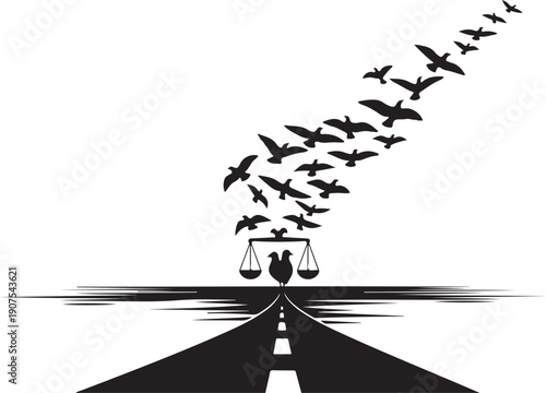 Justice and freedom concept with birds flying away from scales
