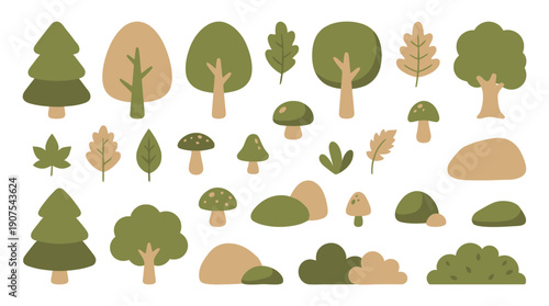 Seamless forest pattern with trees, leaves, and mushrooms in a flat vector style. Perfect for wallpapers, textile design, wrapping paper, and nature-themed backgrounds