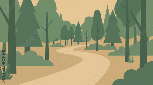 Flat vector illustration of a winding path through a forest with trees and bushes. Perfect for nature backgrounds, outdoor concepts, and travel illustrations
