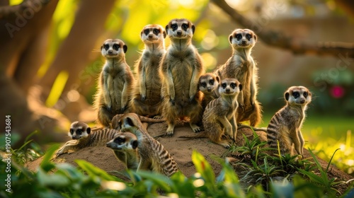 Group of Meerkats Sitting on Rock in Sunlit Forest with Green Foliage