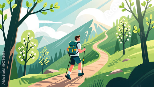 Young man hiking in the lush spring forest