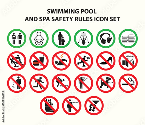Swimming Pool and Spa Safety Rules Icon Set