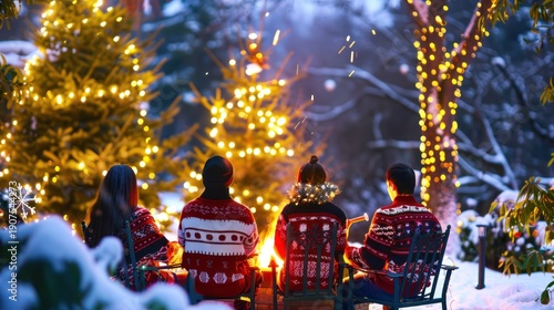 Group of People Sitting Around Fire in Snowy Winter Garden with Christmas Lights and Decor