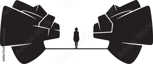 Person standing between two giant fists in black silhouette