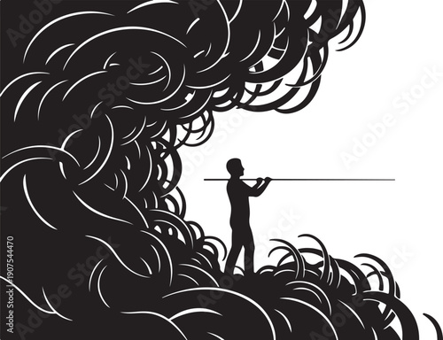 Man standing against a stormy sea with a long pole