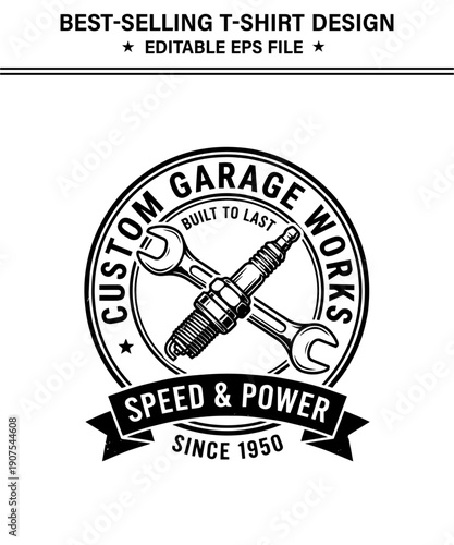 Custom garage  t-shirt design works logo with wrench and spark plug design elements for automotive industry and car repair services since nineteen fifty