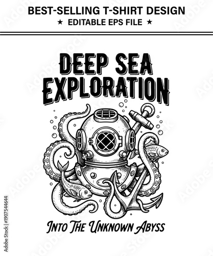 Deep sea exploration graphic  t-shirt design with diving helmet and sea creatures isolated on transparent background for tshirt design and oceanthemed graphics