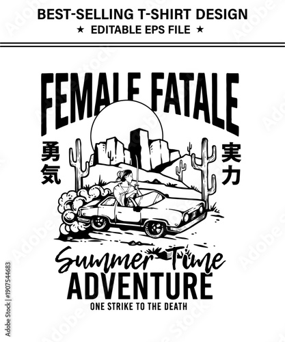 Female fatale  t-shirt design summer time adventure illustration with woman in car and rocky landscape  isolated on transparent background