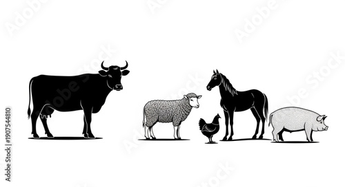 Farm animals silhouette collection on white background.