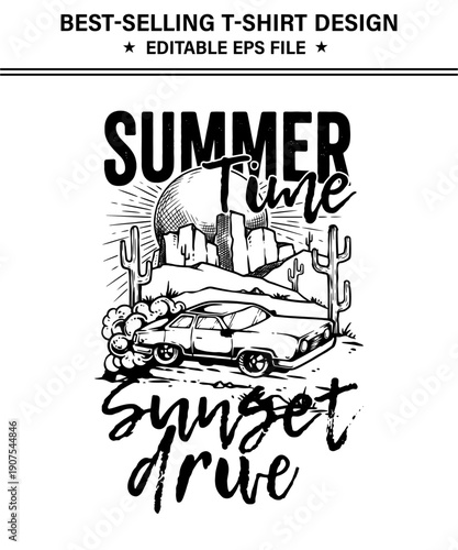 Vintage car desert landscape tshirt design with summer time sunset drive text and cacti illustration in black and white on transparent background