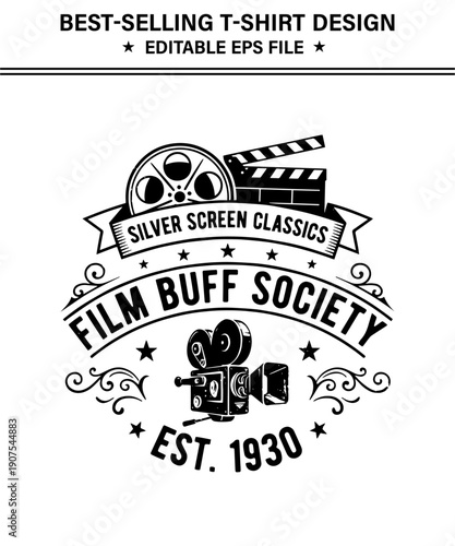 Vintage  t-shirt design film buff society emblem with movie reel camera clapperboard and film camera on transparent background
