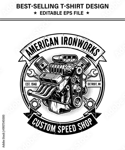 Vintagestyle emblem with t-shirt design  engine and tools for car customization and repair services  isolated on transparent background