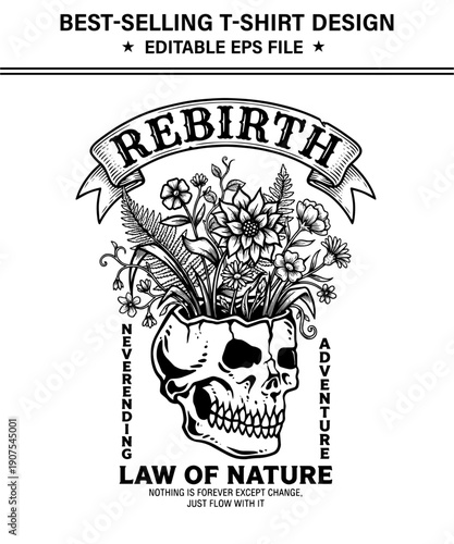 Vintagestyle illustration  t-shirt design of human skull with flowers growing out of it surrounded by ribbons and typography isolated on transparent background