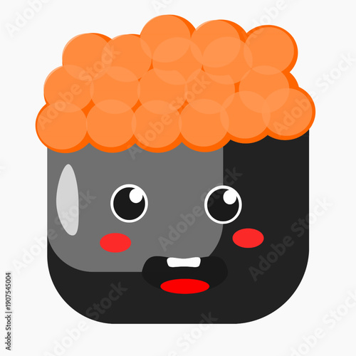 Illustration of gunkan maki sushi topped with fresh, vibrant orange ikura, wrapped in black nori seaweed and seasoned rice. Clean and detailed illustration style, ideal for Japanese cuisine, seafood
