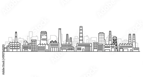 Industrial factory skyline silhouette line art drawing.