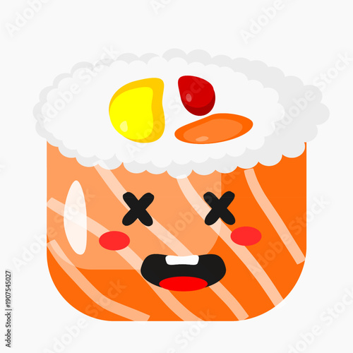 Animated character illustration of gunkan maki sushi wrapped in thin slices of salmon, presented in a simple and appealing cartoon style. Clean and modern design, suitable for Japanese food themes