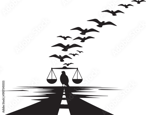 Silhouette of a person balancing scales on a road