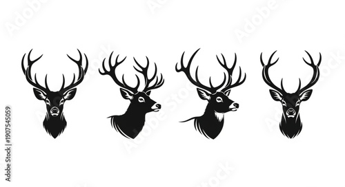 Four Silhouette Deer Heads with Antlers Facing Different Directions.