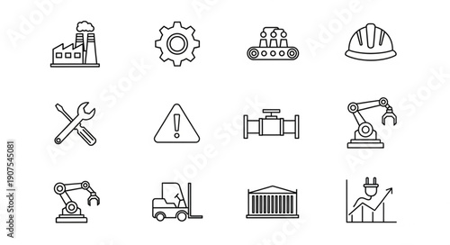 Industrial Icons Set Factory Gear Conveyor Belt Hard Hat Tools.