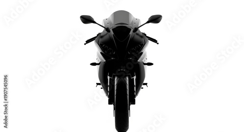 Front view of a sleek black sport motorcycle isolated on white.