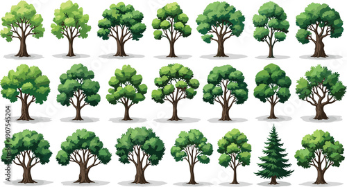 Large Collection of Flat Green Tree Icons Featuring Deciduous Oaks Maples Elms and Coniferous Pines for Architectural Visualization Landscape Design Nature Projects and Environmental Illustration
