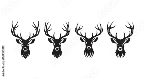 Four Stylized Deer Heads with Antlers Silhouette.