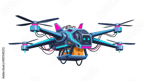 Pixel art futuristic blue and pink drone with six propellers exposed wires and a package on white