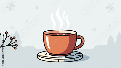 Steaming orange cup on a wooden coaster against a snowy winter backdrop with pine trees and red berries