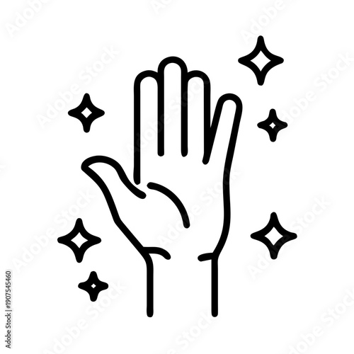 Line art icon of a hand with sparkling stars, symbolizing magic, cleanliness, hygiene, or a tingling sensation like carpal tunnel syndrome.