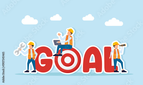 Engineers preparing near goal text with target board ornaments illustration of discussion to achieve project goals