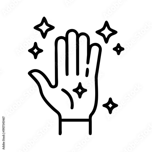 Line art icon of a hand with sparkling stars, symbolizing magic, cleanliness, hygiene, or a tingling sensation like carpal tunnel syndrome.