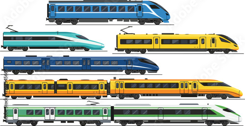 Modern High Speed Electric Train Vector Set Featuring Aerodynamic Bullet Train Silhouettes and Passenger Rail Transport Icons for Sustainable Transit and Urban Travel Design Projects