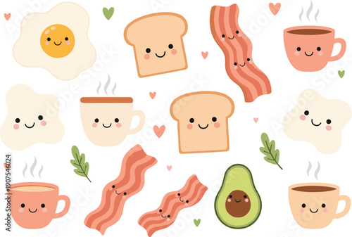 Cute pixel art kawaii breakfast character sticker set