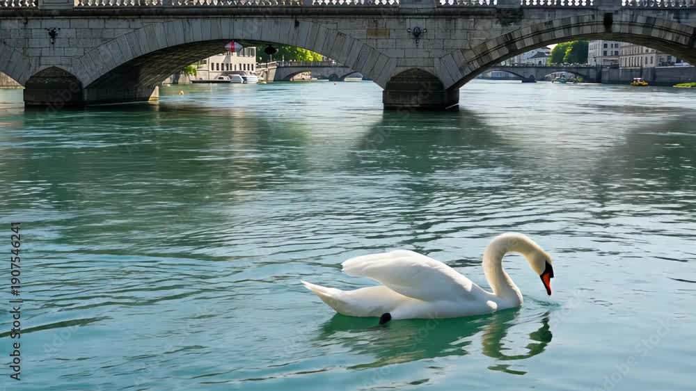 custom made wallpaper toronto digitalElegant white swan gliding gracefully on a calm river with historic bridge in the background.